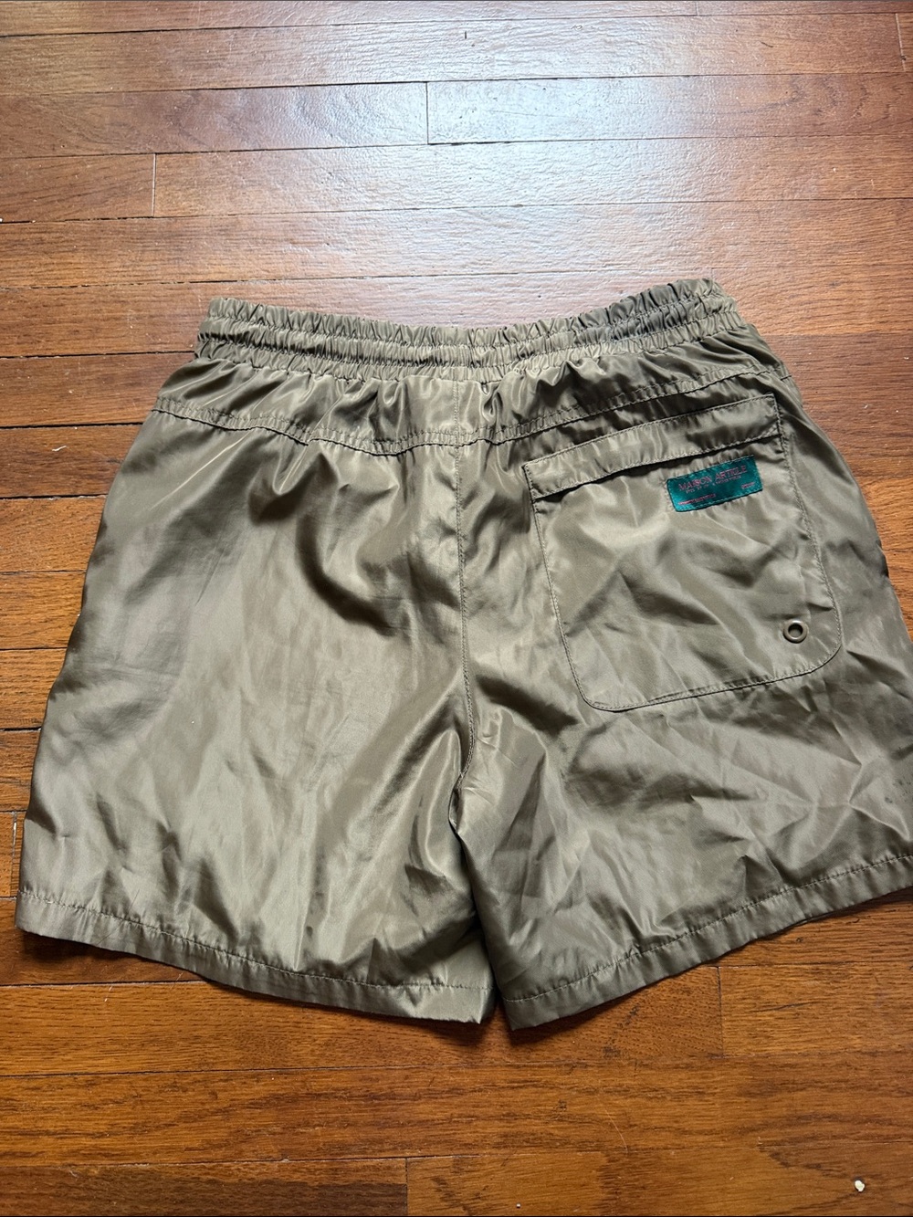 Men's Olive Green Swim Trunks with Light Blue Drawstring